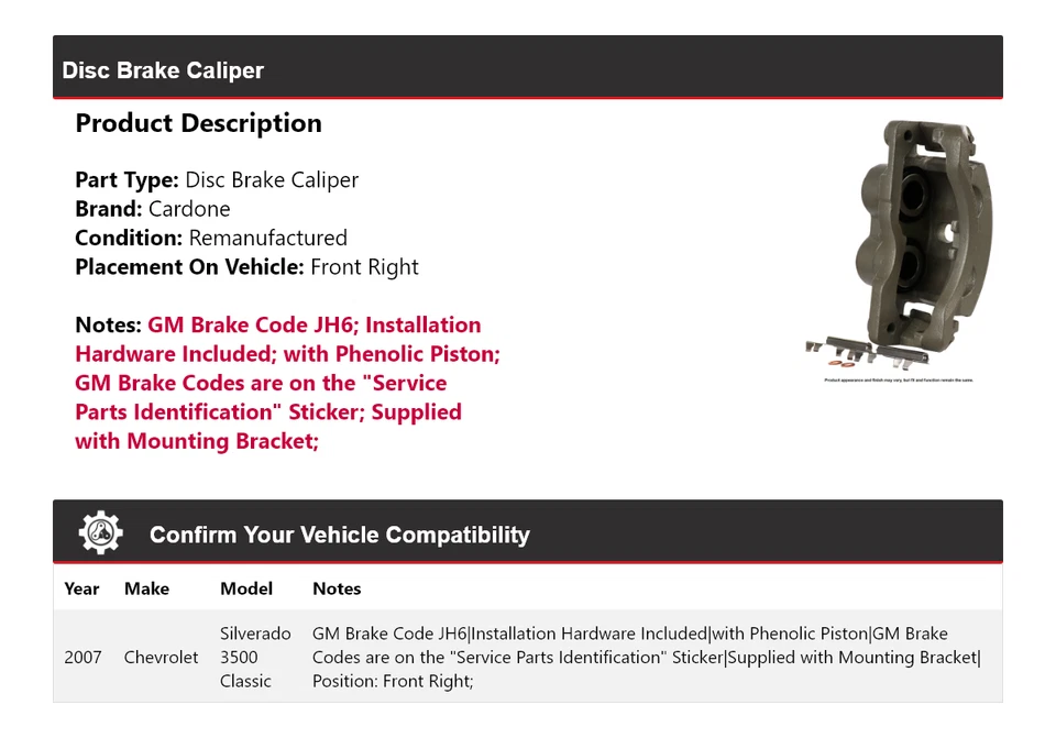 Pinza de freno de disco delantera derecha Cardone para Chevrolet Silverado 3500 Classic 2007 Foto 2 de 4