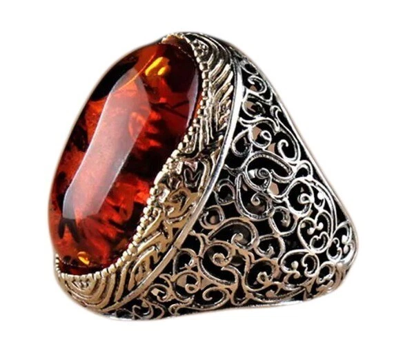 Amber silver ring Handmade  925 SILVER Men Ring Orange To Red agate gem Stone - Image 3 of 4