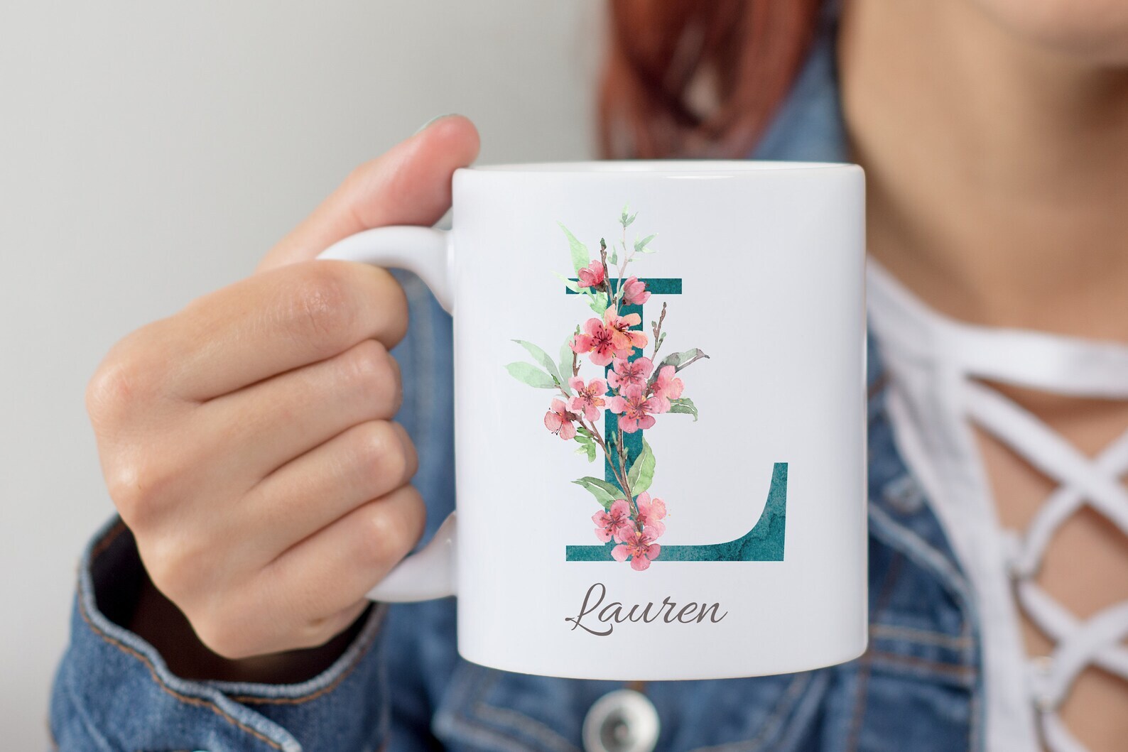 Personalized Monogram Initial Name Mug Floral Alphabet Cup Birthday Gift