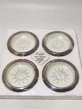 Ancien cendrier sous-verre plat cristal et argent Leonard silver plate