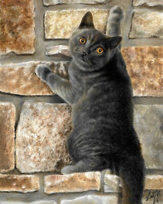   ORIGINAL Oil Portrait Painting BRITISH SHORTHAIR BLUE Artist Signed Cat Art