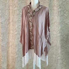 Handmade Mauve Beaded Fringe Poncho Embellished Festival Kimono Cape One Size