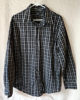 Arrow Shirt Mens Large Button Down Black Beige Plaid Long Sleeve