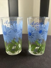 50s 60s MCM Boscul Peanut Butter Flower Drinking Glass 5" ASTERS SET of 2 Blue
