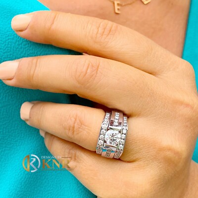 14K WHITE GOLD ROUND FOREVER MOISSANITE ENGAGEMENT RING AND BAND TENSION 2.50CTW