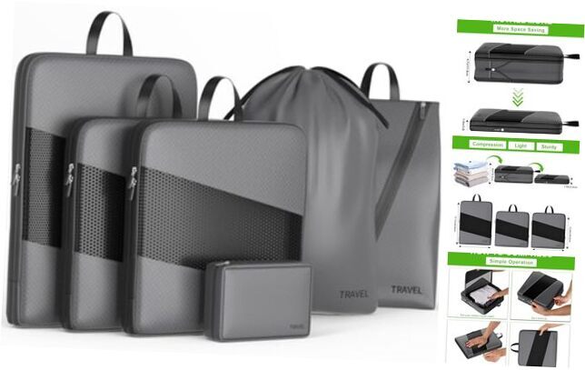 Compression Packing Cubes for Suitcases,  6 Set Travel Organizer Cubes for Grey-image