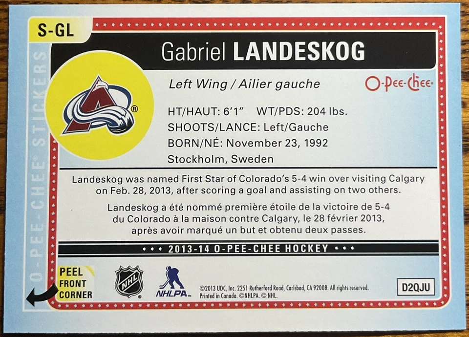2013-14 O-Pee-Chee Stickers Gabriel Landeskog #S-GL Colorado Avalanche - Image 2 of 2