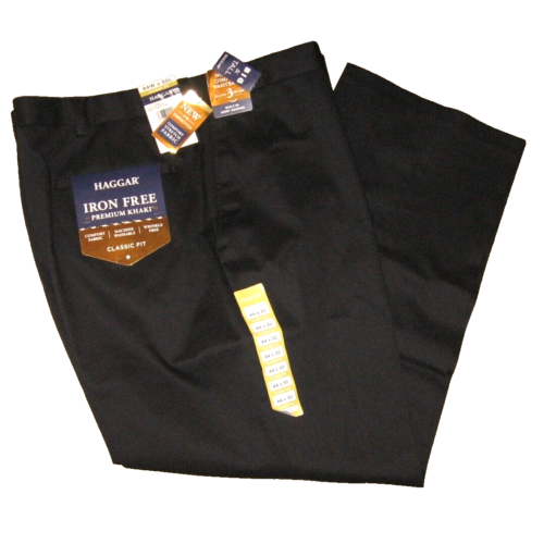 Haggar Big & Tall Khaki Pants 44x30 Black No Iron Flat Front Classic Fit New