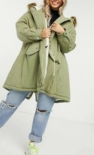 Sixth June Oversized Parka Coat With Faux Fur Hood Khaki Green Size M Rrp £120