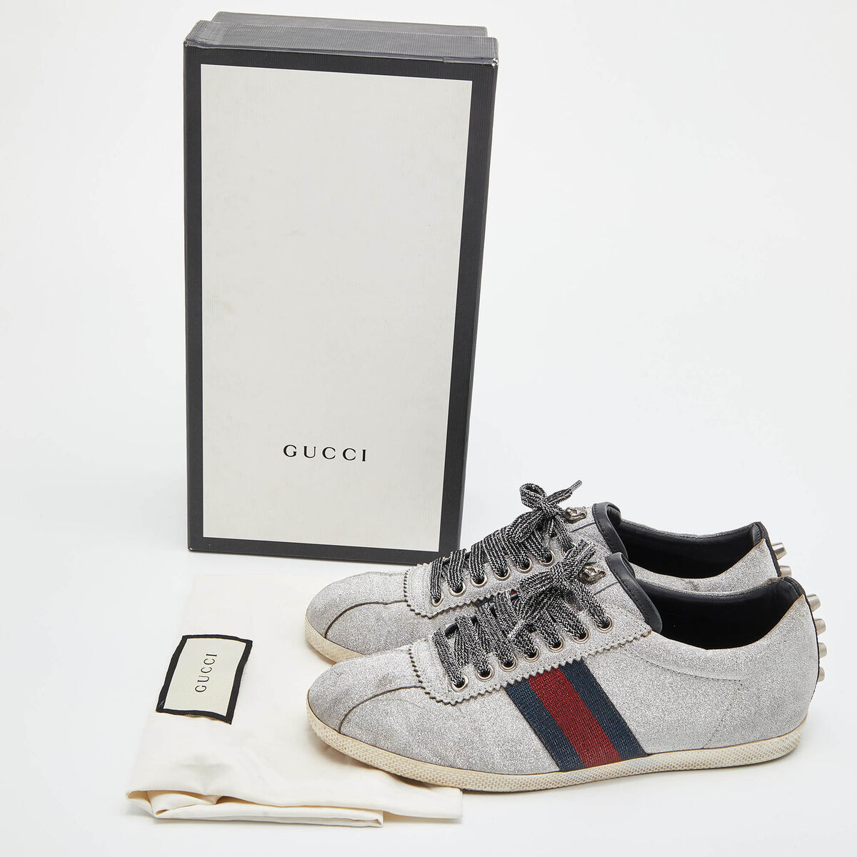 Gucci Metallic Silver Glitter Bambi Web Detail Studded Low Gucci Metallic Silver Glitter Bambi Web Detail Studded Low