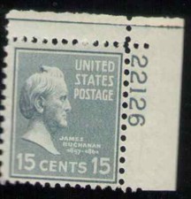 US. 820. 15c. James Buchanan, Presidential. Single Pl# 22126 UR. MNH. 1938