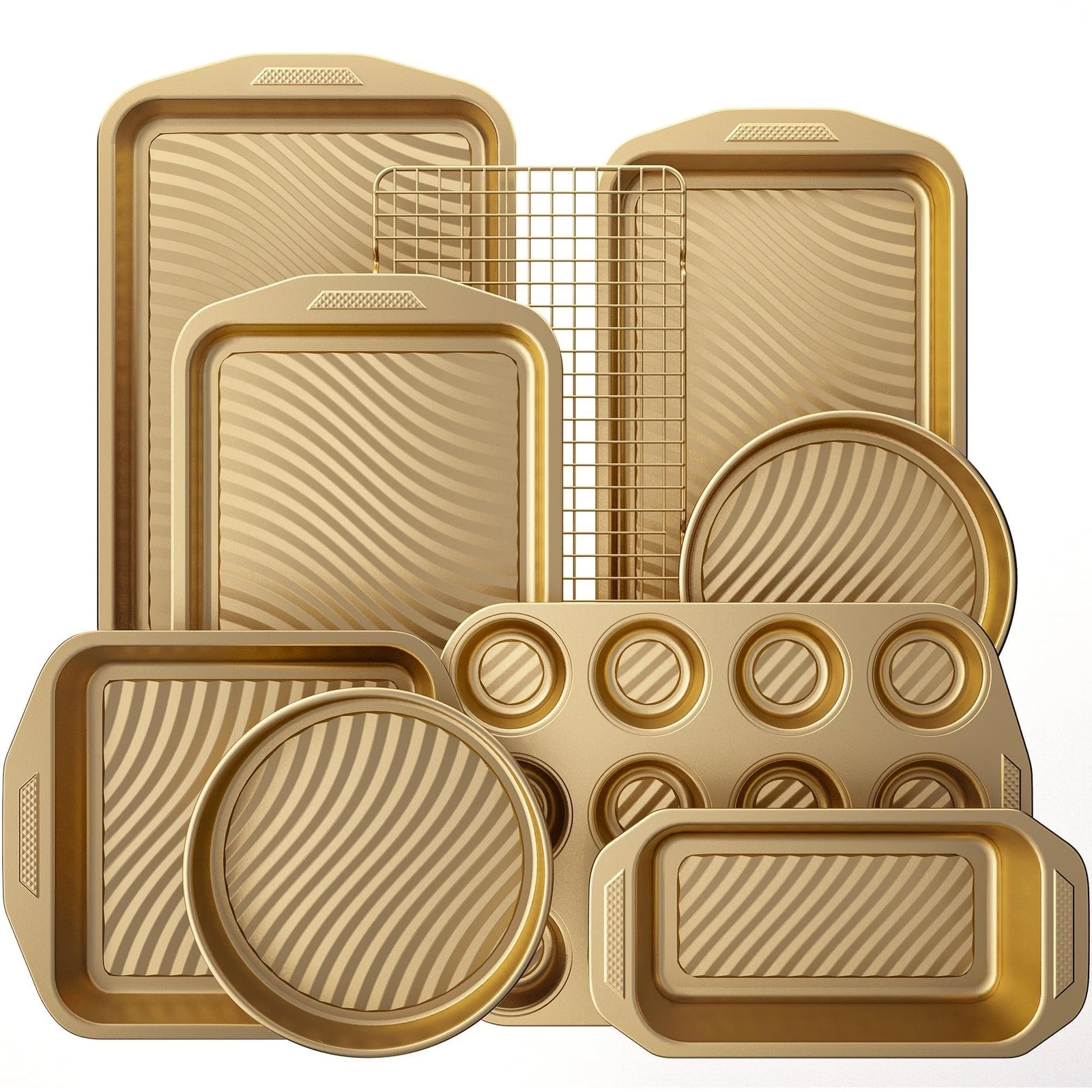 HONGBAKE 9-Piece Nonstick Bakeware 17.51"L x 6.29"W x 11.92"H, Antique Gold