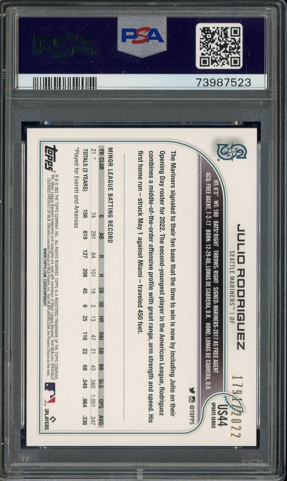 2022 Topps Update Gold #US44 Julio Rodriguez Mariners RC Rookie /2022 PSA 10 view 2