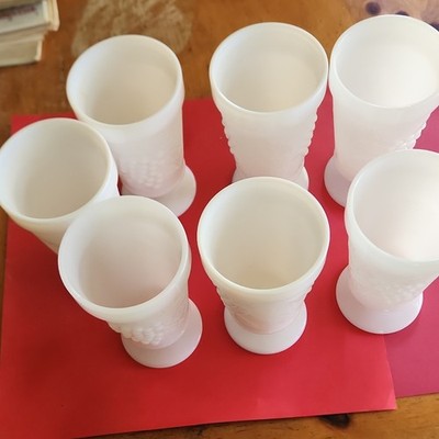 Set of 6 White Milk Glass Grapevine Pattern Goblets Decorative Glossy Finish