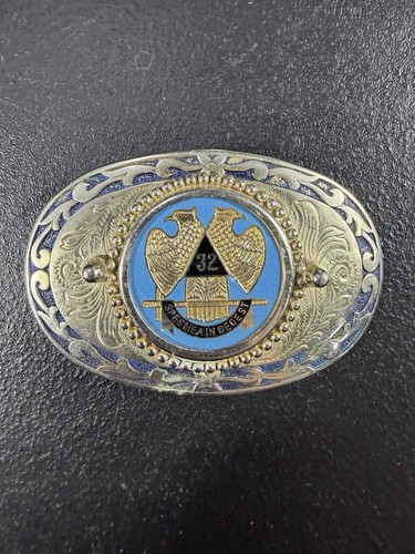 Vintage 32nd Degree Masonic Belt Buckle Blue Enamel Made In USA