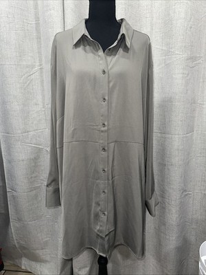 Susan Graver Womens Stretch Peachskin Button Front Shirt Size 2X Pebble Gray