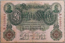 50 Mark Reichsbanknote 1910, Geldschein Deutschland/ Kaiserreich, VG- F &deg;