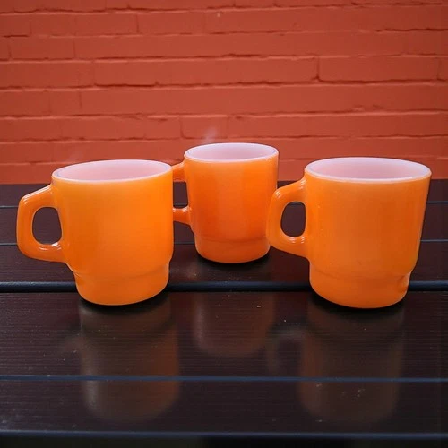 Anchor Hocking Vintage Oven Proof Orange Stacking Coffee Cups Lot of 3
