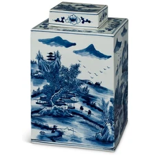 US Seller - Blue and White Porcelain Scenery Chinese Tea Jar