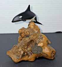 Vintage John Perry Orca Whale Sculpture On Burl Wood Base 4x5