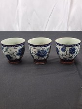 Japanese 3 Yunomi Cups Blue Rose Vintage 90s Ceramic Marked Collectible