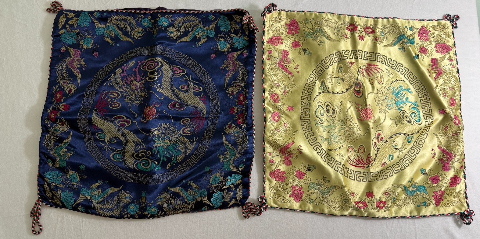 Seat Cushion Cover Set Dragon Phoenix Blue Gold