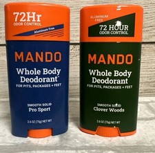  2 MANDO Whole Body Deodorant CLOVER WOODS / PRO SPORT Smooth Solid 2.6 oz lot