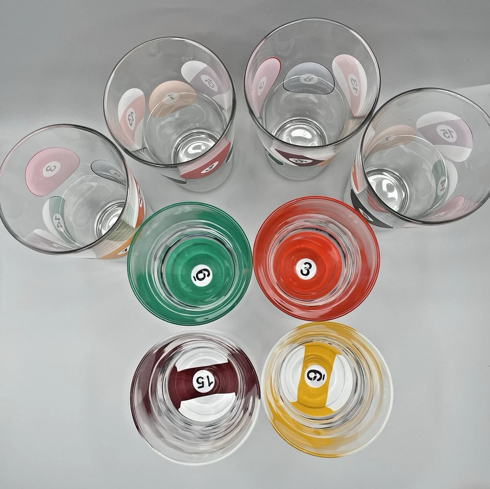 Juego de 8 vasos de bola de billar para bar pinta y rocas retro sala de juegos de colección Foto 3 de 4