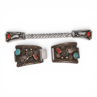 2 SOUTHWESTERN NAVAJO TURQUOISE RED CORAL WATCH TIPS LOT STERLING SILVER SIGNED