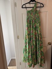 Euc Womens Swf Green Multicolor Abstract One-shoulder Maxi Dress Size Xs