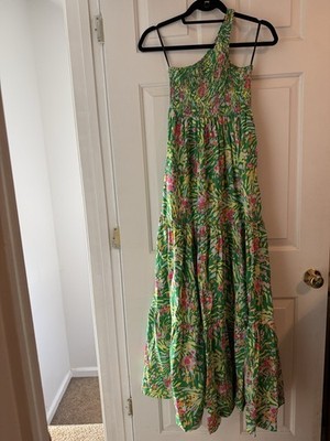 EUC Women s S/W/F Green Multicolor Abstract One-Shoulder Maxi Dress, size XS