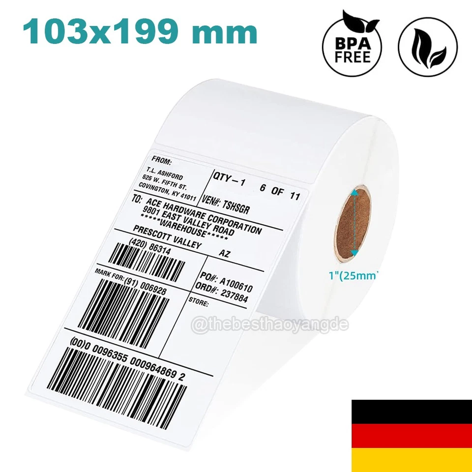 MARKENLOS Thermo Etiketten Versandetiketten 103 x 199 mm 250 Stück je Rolle - Kern:25mm DE