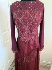 Burgundy Beaded Sequin Long Sleeve Crew Neck Solid Long Gown for Women