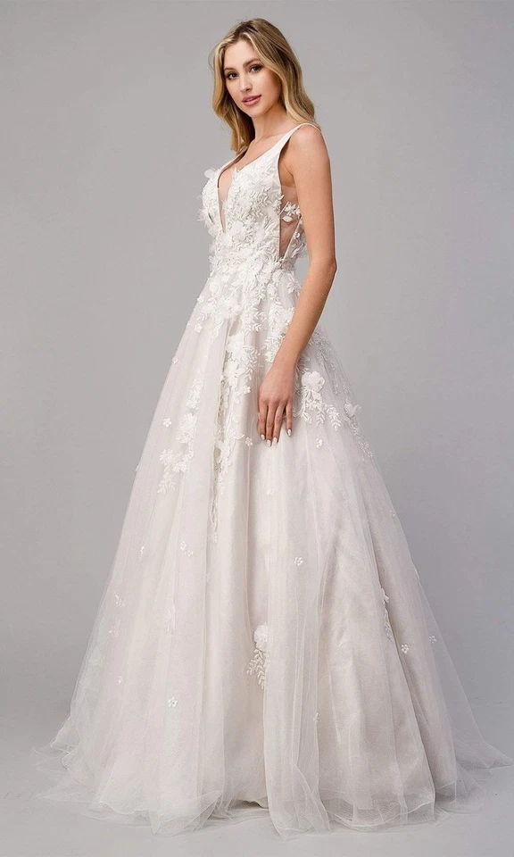 Vestido de novia Andrea & Leo Couture francés blanco cuello hundido floral talla 4 $649 Foto 2 de 3