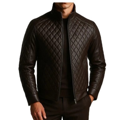 Men's Real Lambskin Leather's Dark Brown Flight Bomber Jacket Quilted Biker Coat