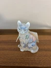 Fenton White Opalescent Glass Hand Painted Floral Sitting Cat Figurine Signed
