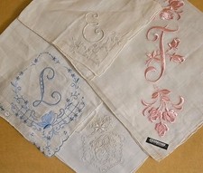 4 Antique Embroidery Pansies E, C, J, L Monogram Wedding Cotton Handkerchiefs