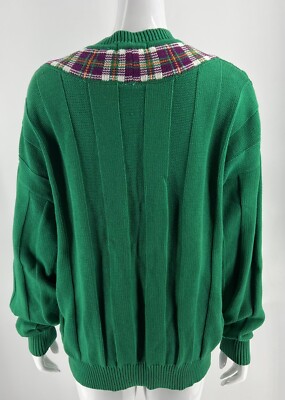 VTG 90s Nautica V Neck Sweater Size L Green Purple Preppy Cotton