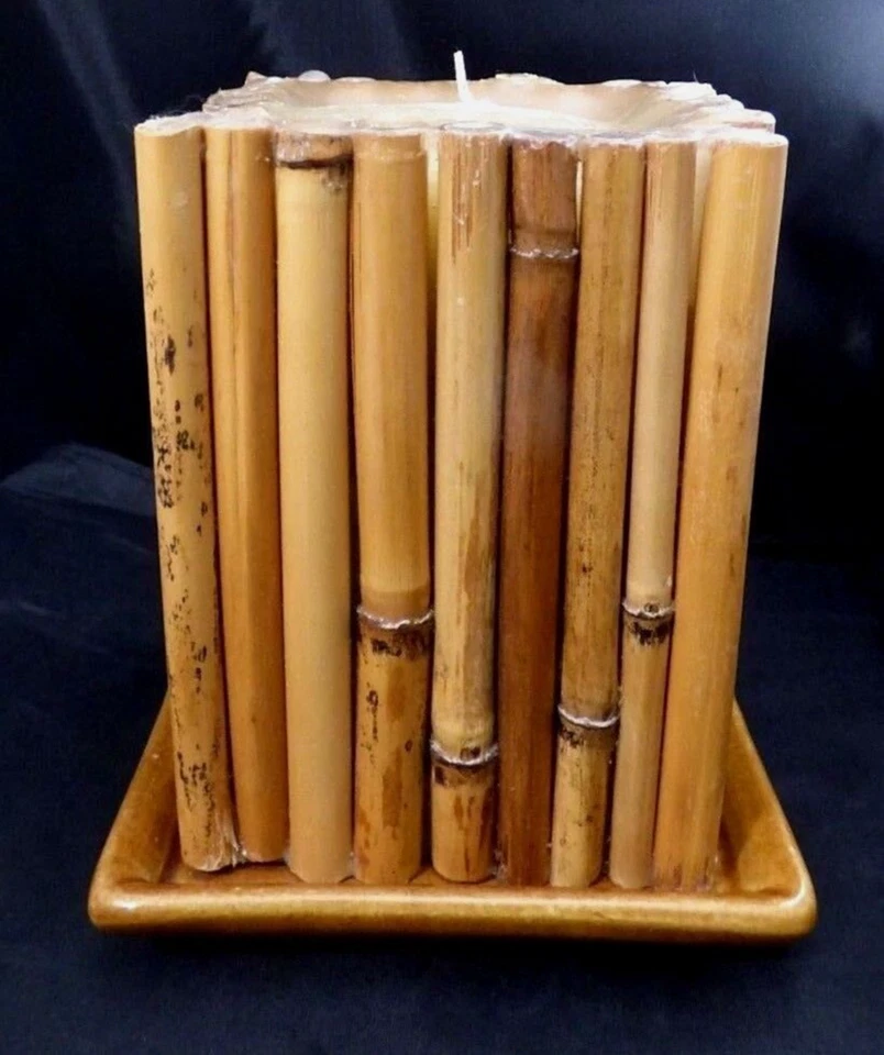 Bamboo Pillar Candle Wrapped Made In Mexico Ceramic Square Holder 6.5" Tall - Image 2 of 4