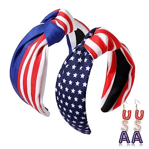 American Flag Knotted Headbands for Women 4th of A USA Knot Hairband Earring - Picture 1 of 7