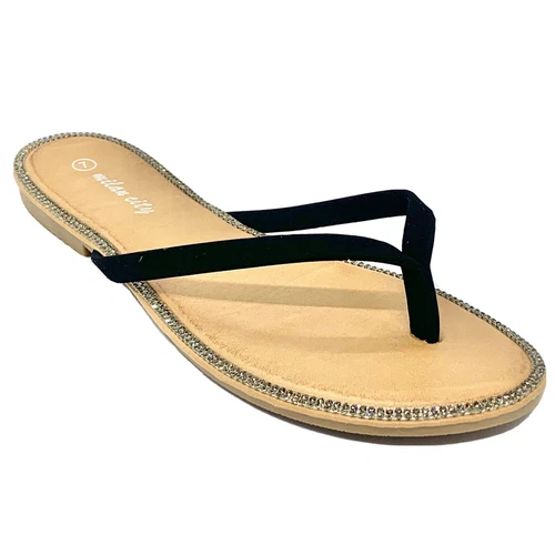 Milan City Women's Rhinestone Thong Flip Flop Sandals Black Nubuck Size 8.5