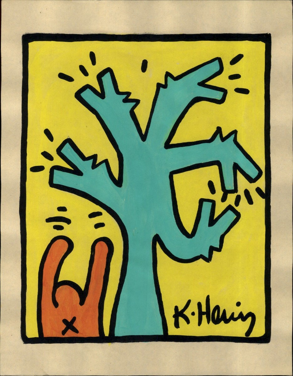 Hand PAINTED COLOR On Paper Keith Haring 5 Dogs Barking X Man