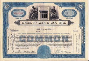 Stock certificate Chas. Pfizer & Co., Inc., with transfer ...