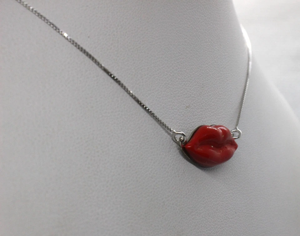 COLLANA ARGENTO LABBRA LIPS PASTA DI CORALLO ROSSO MM 10x22 EXPLOIT cm 42-44 - Immagine 2 di 4