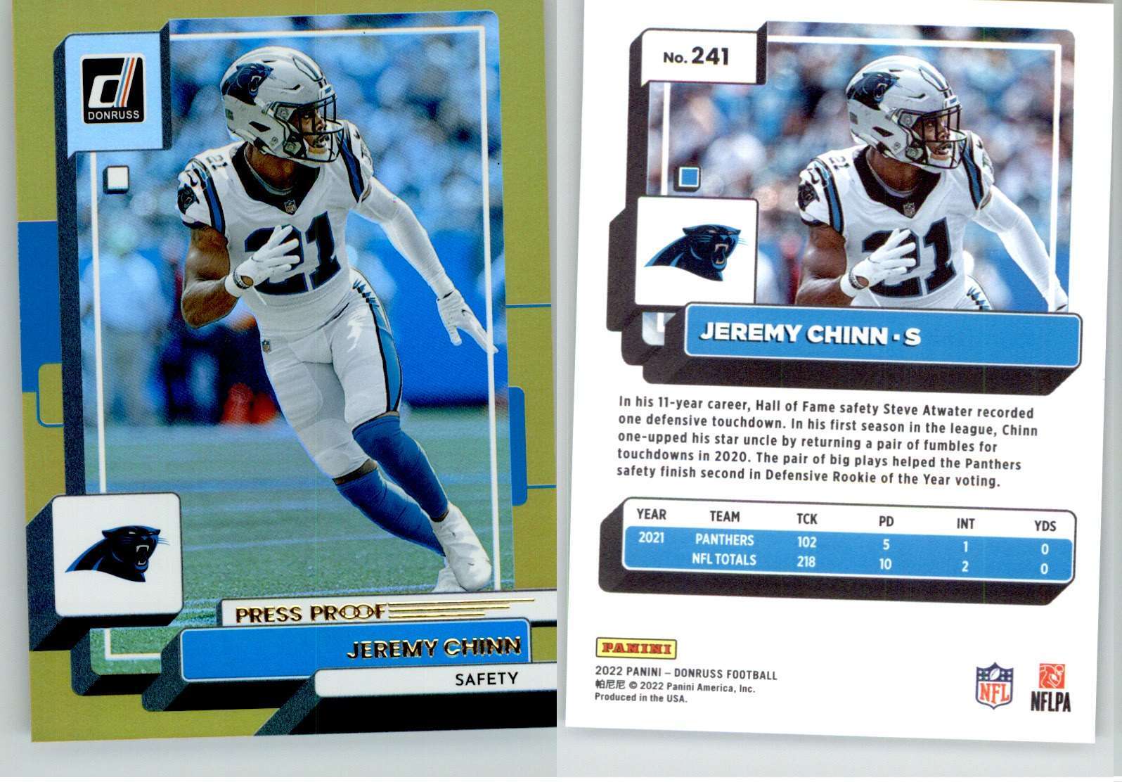 Jeremy Chinn 2022 Donruss Premium Press Proof Gold #241 Panthers