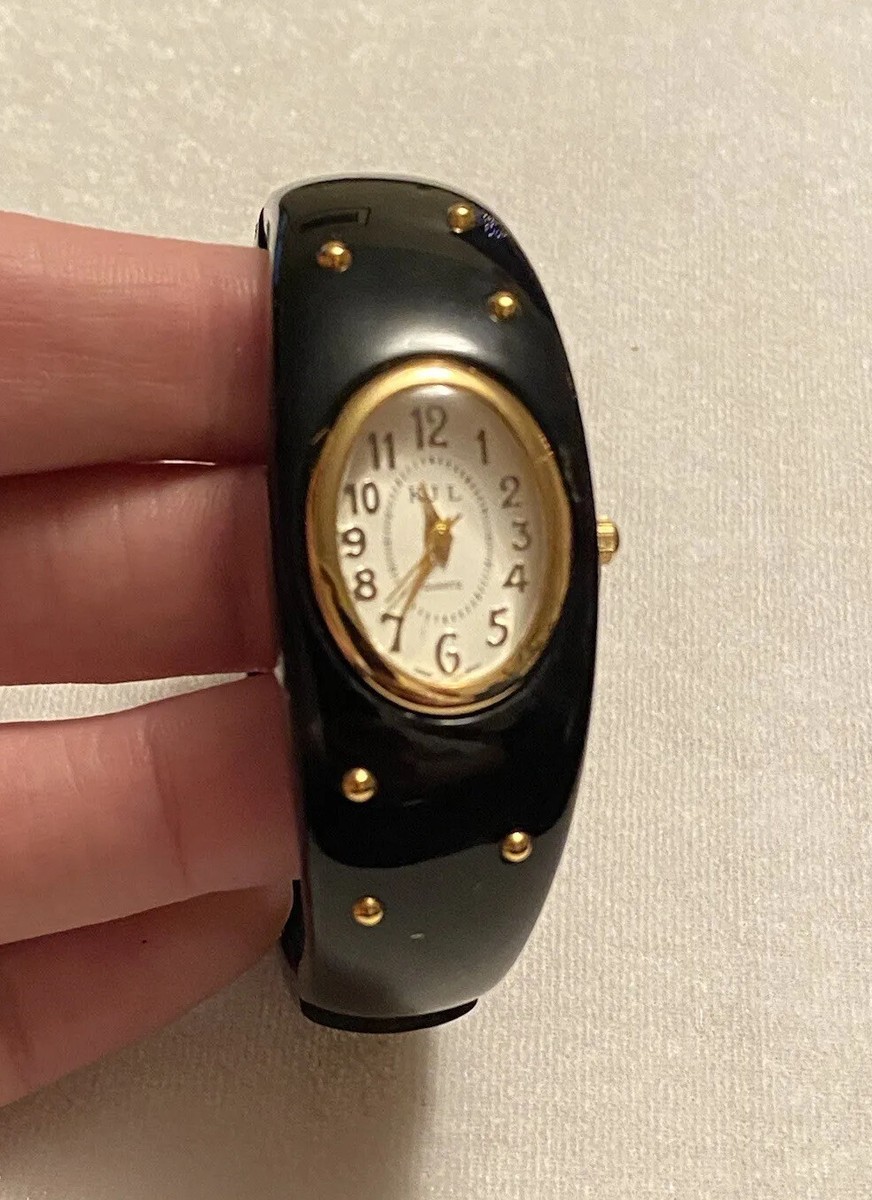 KJL Kenneth Jay Lane Black Watch Hinged Bangle Bracelet Gold  display picture 1