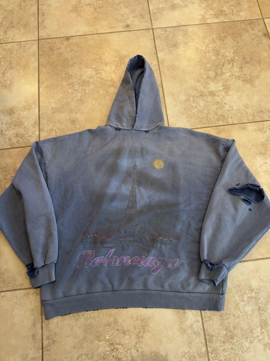 Balenciaga Men's Paris Moon Faded Hoodie Blue Faded Size 2 Balenciaga Men's Paris Moon Faded Hoodie Blue Faded Size 2