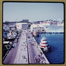 Original Slide T/S Flavia Cruise Ship w/ Tug Boats at Dock 1980 80s Vintage