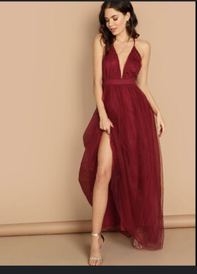 Tulle Maxi Dress Plunge Neckline Cross back Long Dress Women's Size XS  BURGUNDY | eBay