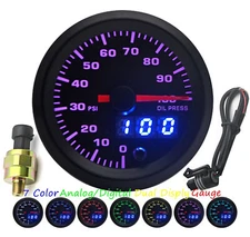 7 Color 52mm Oil Pressure Gauge 0-100 Psi+Sensor Analog/Digital Dual Disply Auto